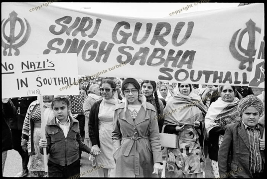 Asian women and young protestors opposing NF meeting, Ealing Tow