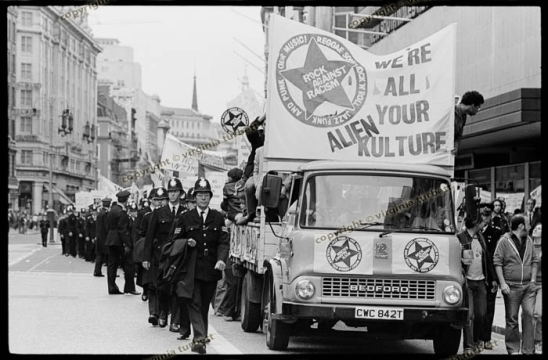 RAR Rock Against Racism at Anti-Apartheid demo.